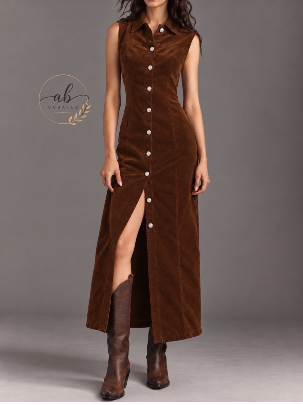 Avec Les Filles Brown Corduroy Button Front Maxi Shirtdress Size 6 NWT